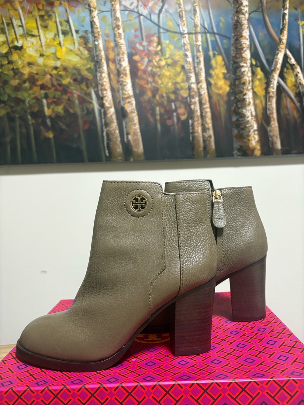 Tory Burch Olive Green Leather Block Heel Booties